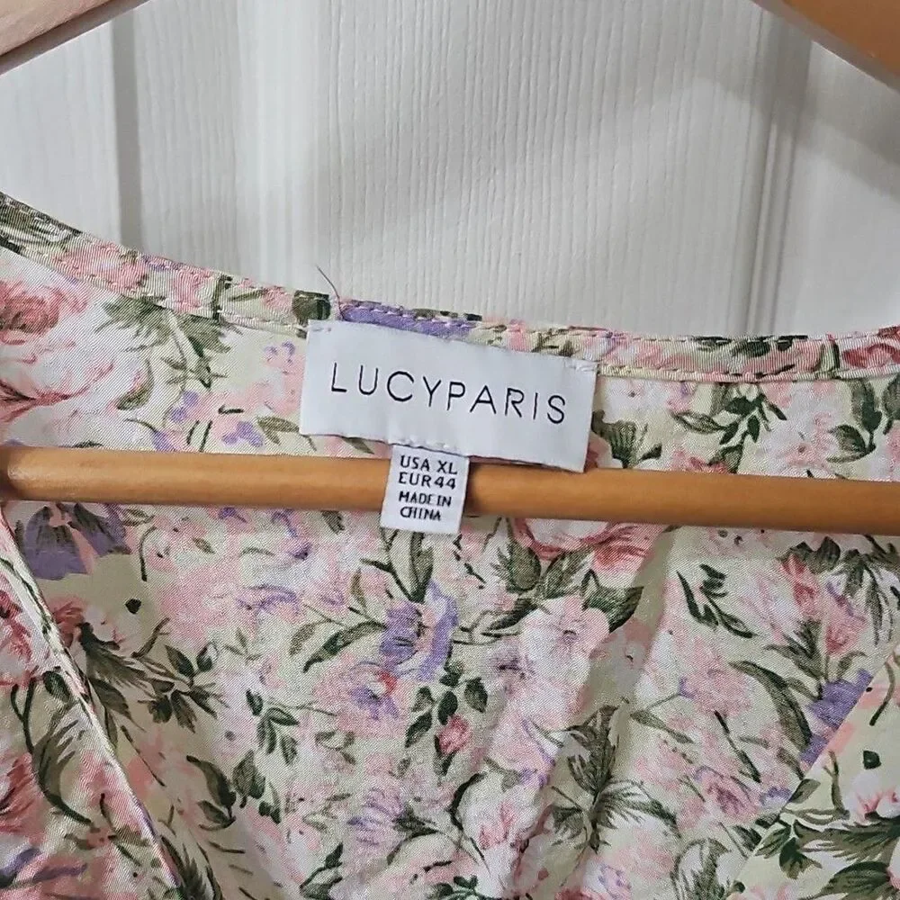 Lucy Paris Floral Tie-Front Peplum Blouse w/ Balloon Sleeves in women's size XL - Picture 6 of 7